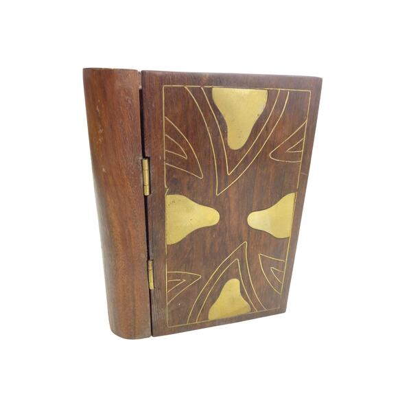 Vintage Secret Book Wood Hidden Treasures Inlaid Brass - Picture 1 of 6